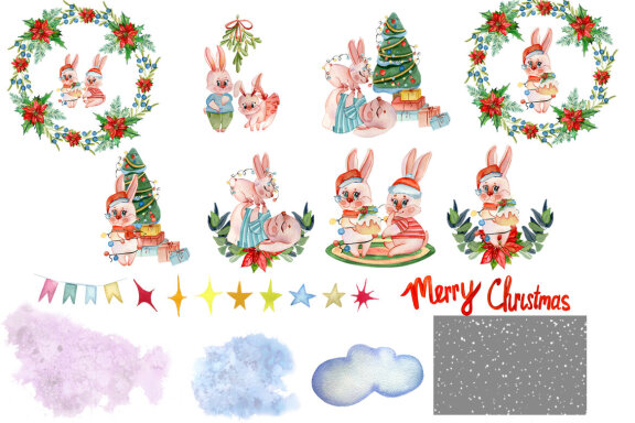 New Year symbol rabbit 2023, Christmas watercolor clipart