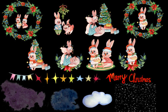 New Year symbol rabbit 2023, Christmas watercolor clipart