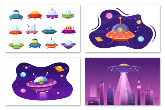 14 UFO Flying Spaceship Illustration