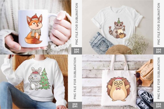 Watercolor Christmas Animals Party PNG Sublimation Clipart