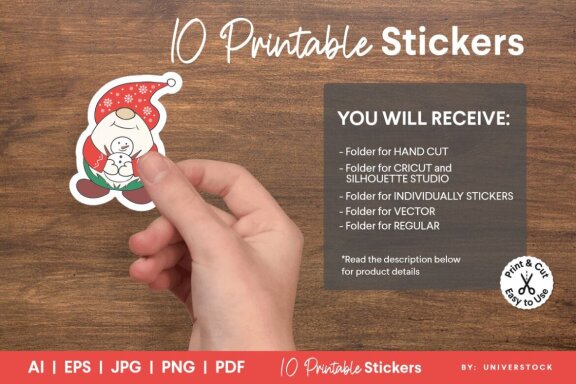 Cute Santa Gnome Stickers, Christmas Gnome Printable Sticker