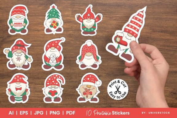 Cute Santa Gnome Stickers, Christmas Gnome Printable Sticker