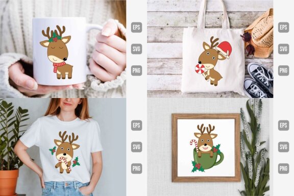 Cute Christmas Deer Clipart Bundle, Christmas deer SVG Pack
