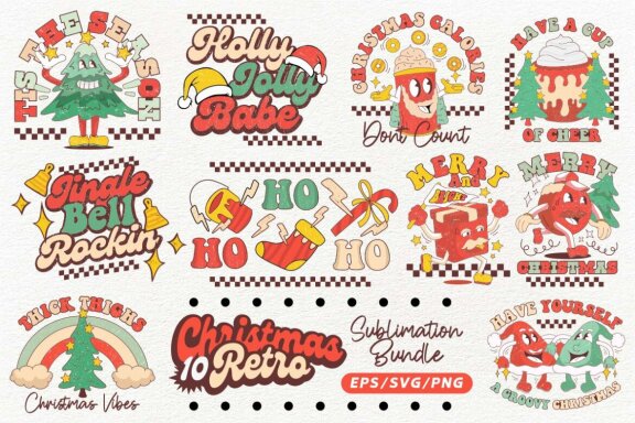 Retro Christmas Sublimation Design, Christmas Tshirt Designs Bundle