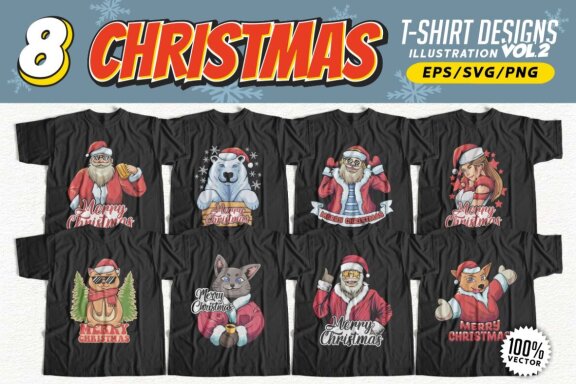 Christmas T-shirt Designs Bundle, Christmas Santa Illustration Vector