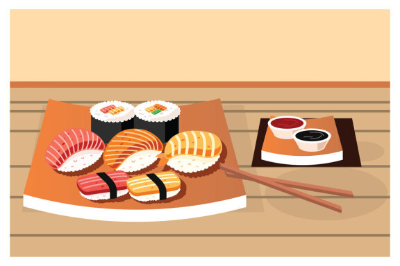 Various kinds of sushi served on plate