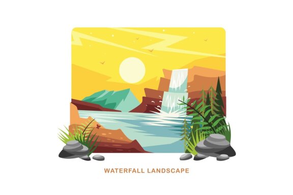 Waterfall Landscape Vector Illustration