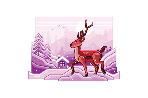 Winter Landscape with Deer Line Illustration