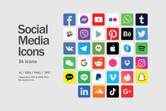 Square Social Media Icons Set - 34 icons