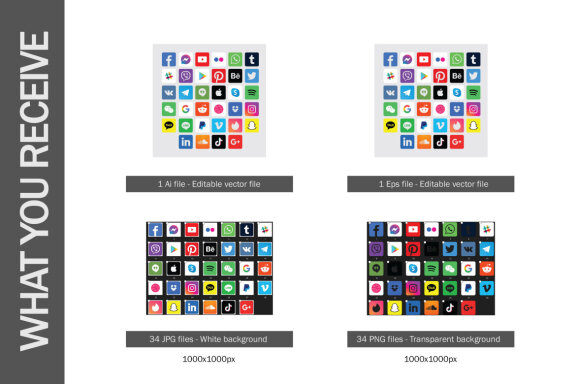 Square Social Media Icons Set - 34 icons