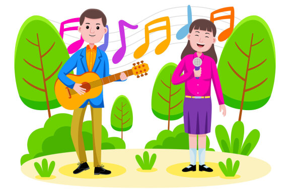 Couple Singing and Playing the Guitar at the Park