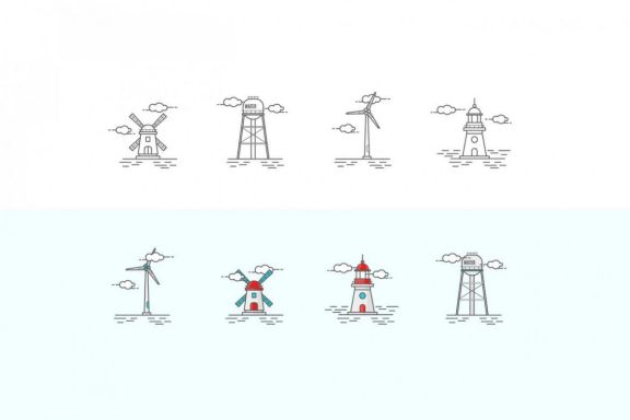Towers Icons in the Style of Line Art
