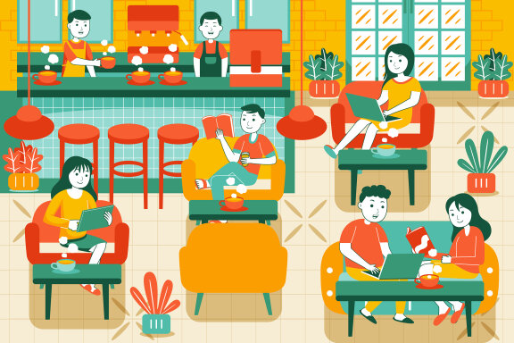 People in Cozy Cafe Vector Illustration