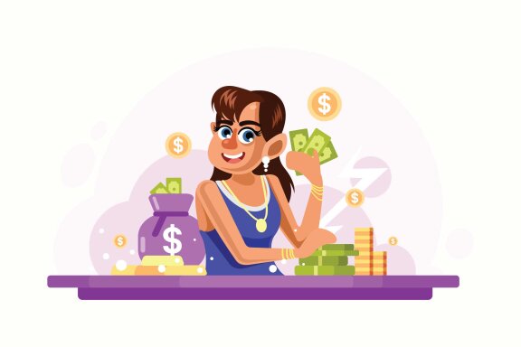 Young Rich Woman Vector Illustration