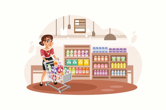 Young Woman shopping at supermarket Vector Illustration