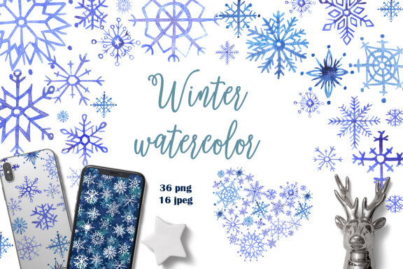 Snowflakes Watercolor Cliparts Set