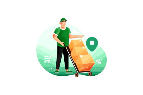 Delivery Courier Pushing a Trolley with Cardboard Boxes