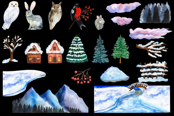 Winter Landscape Watercolor Cliparts