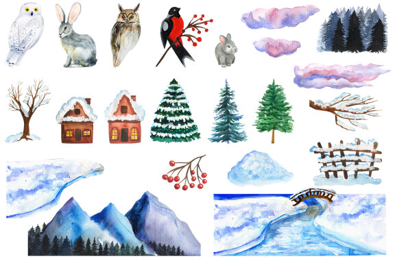 Winter Landscape Watercolor Cliparts
