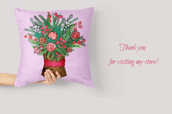 Pink Christmas Bouquet Watercolor Clipart