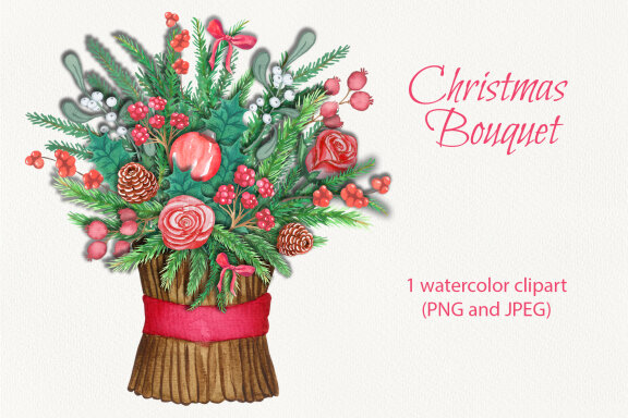 Pink Christmas Bouquet Watercolor Clipart