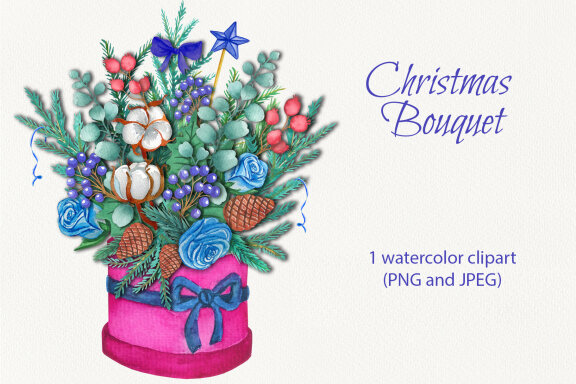 Watercolor Clipart Blue Christmas Bouquet