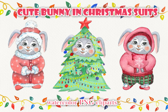 Cute Watercolor Bunny in Christmas Suits