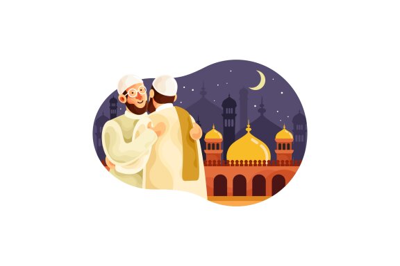 Eid mubarak with muslim men hugging each other