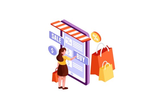 Isometric Woman making Online Shopping Illustration