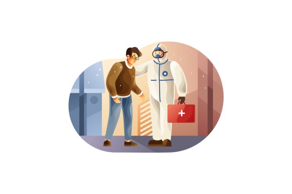 Doctors in a protective suit and young man