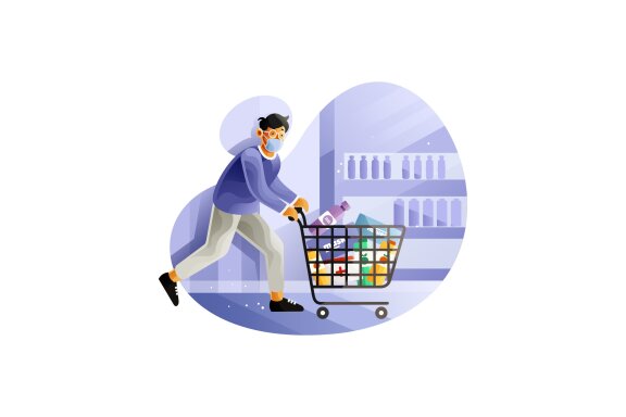 Man panic buying running with full cart in market