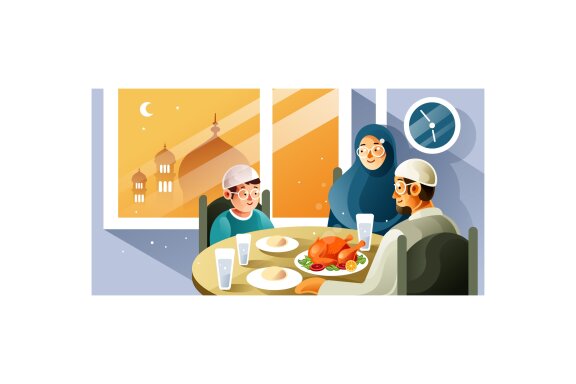 Muslim family enjoy Iftar meal in Ramadan