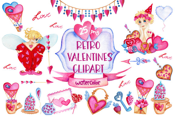 Fairies valentines day watercolor clipart