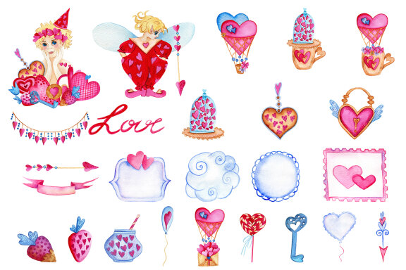 Fairies valentines day watercolor clipart