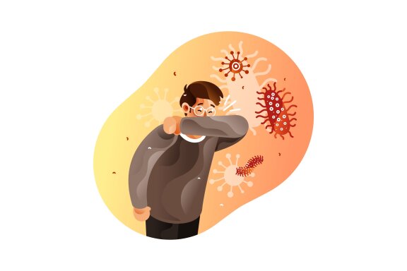 Coughing person cover their mouths with elbows