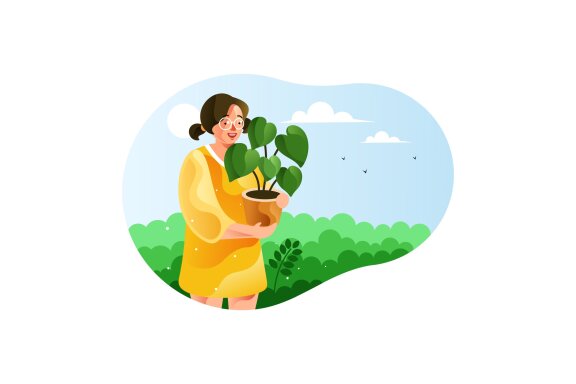 Girl carrying a pot of green plants