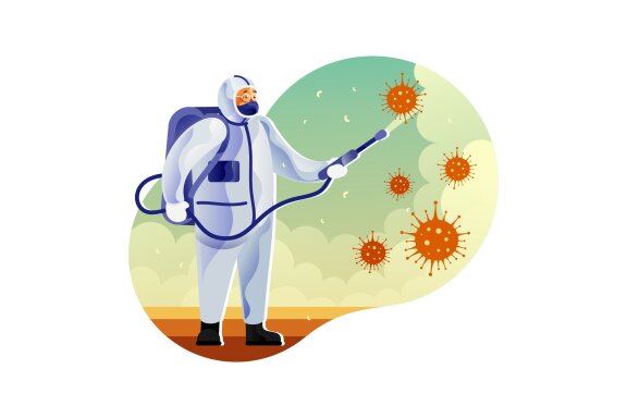 Virus disinfection by specialist with hazmat suit