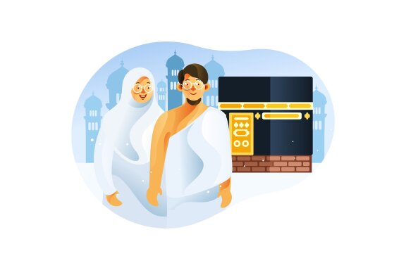 Couple Muslim in front of Kaaba Mecca wearing ihram in Islam Pilgrimage Hajj