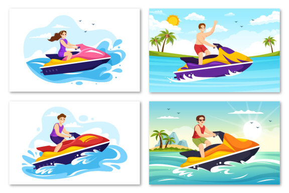 13 People Ride Jet Ski Illustration