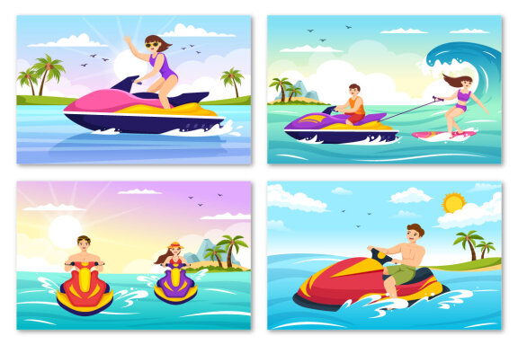 13 People Ride Jet Ski Illustration