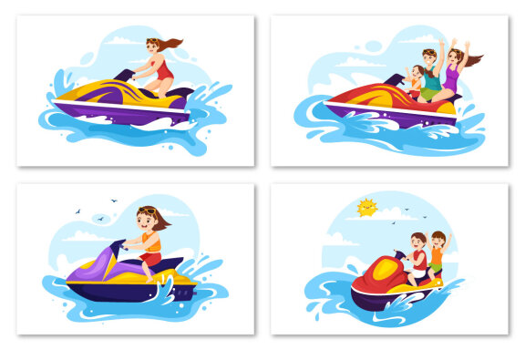 13 People Ride Jet Ski Illustration