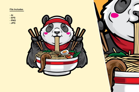 Panda Eating Noodles Illustration