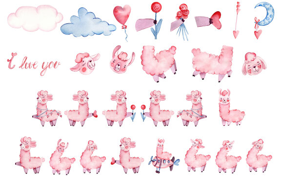 Cute watercolor llama alpaca clipart