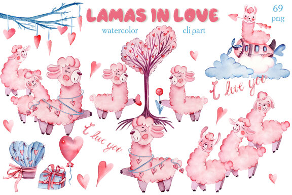 Cute watercolor llama alpaca clipart