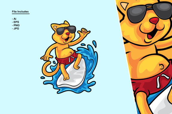 Cat Surfing Summer Illustration