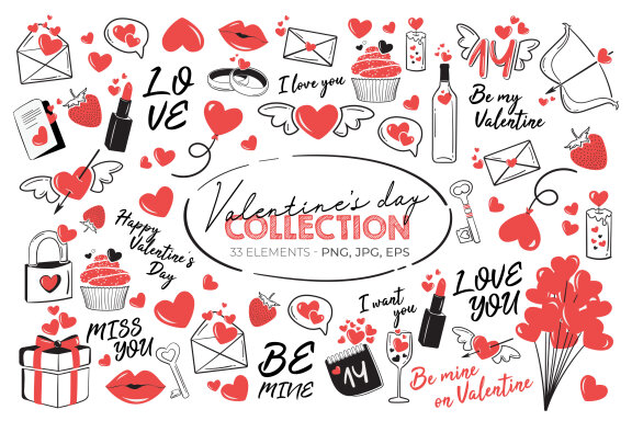 Valentine's Day Hand Drawn Icons-33 Elements-PNG / JPG / EPS 