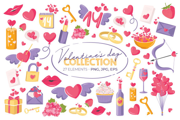 Valentine's Day Hand Drawn Icons-27 Elements-PNG / JPG / EPS 