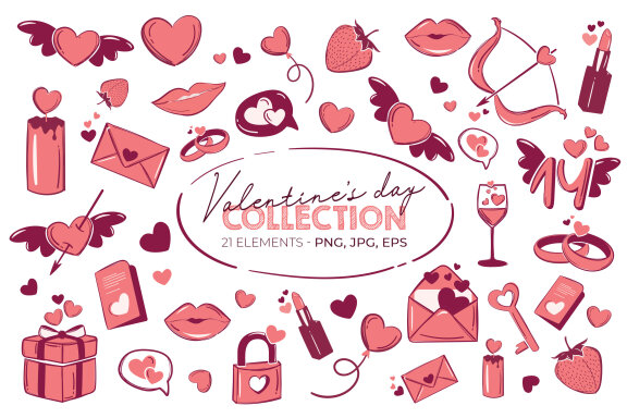 Valentine's Day Hand Drawn Icons-21 Elements-PNG / JPG / EPS