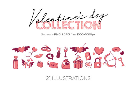 Valentine's Day Hand Drawn Icons-21 Elements-PNG / JPG / EPS
