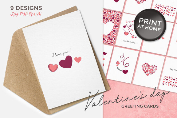Valentine's Day Greeting Cards Bundle-9 Designs-Ready to Print-Print From Home